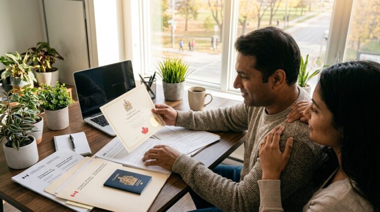 Couple review a Canadian citizenship certificate and passport at home amid IRCC document revalidation
