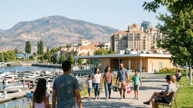 Families walk along an Okanagan waterfront promenade in BC, illustrating a BC PNP immigration news scene