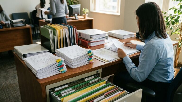 Office worker reviews citizenship certificate files at a desk in an IRCC-style processing office