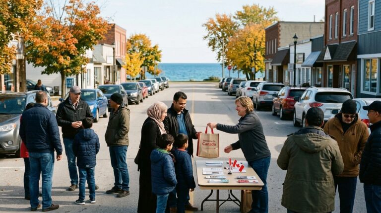 Families gather at a welcome table on a Manitoba town street, illustrating a PNP newcomer arrival scene