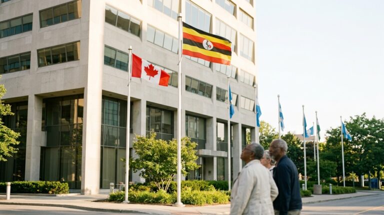 Canada and Uganda flags outside a government building as refugee applicants walk past on the sidewalk