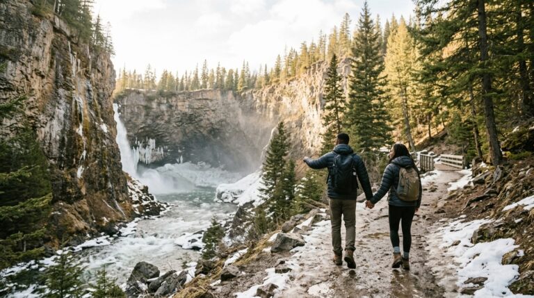 Couple walks beside a snowy waterfall in a Canadian park, illustrating PNP immigration to Canada