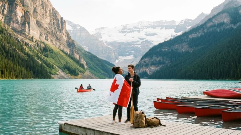 Two people with a Canadian flag stand on a lakeside dock in the Rockies, symbolizing citizenship in Canada