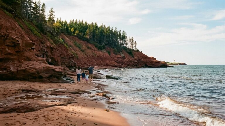 Family walks along red cliffs on a Prince Edward Island shore in a scene depicting the PEI PNP region
