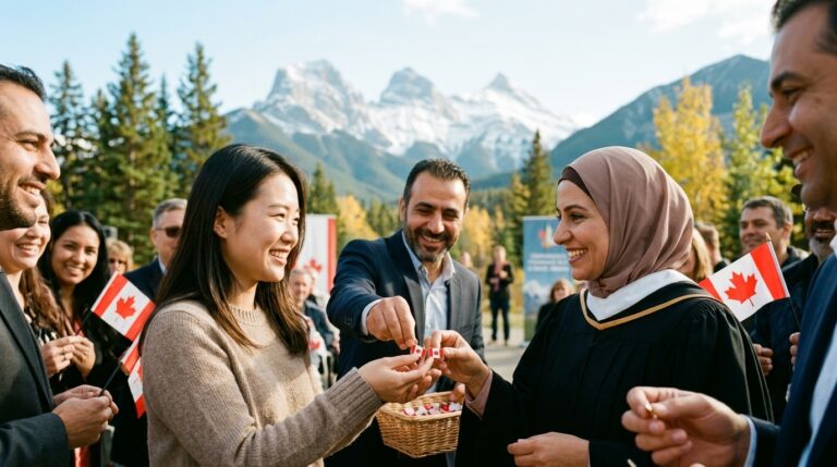 Newcomers gather with Canadian flags as a woman receives a small token at an outdoor Express Entry event