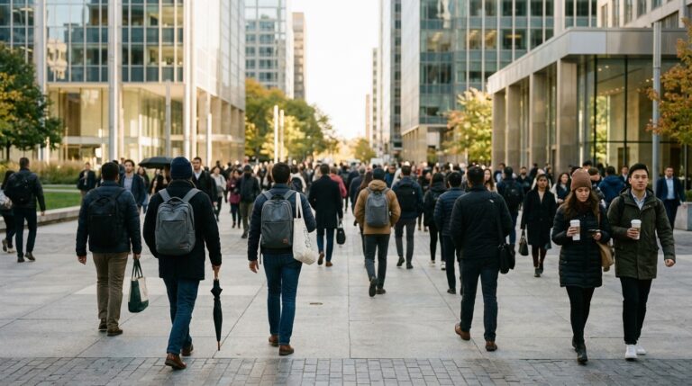 Pedestrians walk between office towers in a Canadian city as Express Entry interest grows