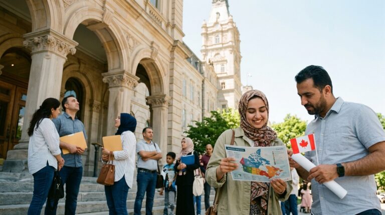 Families gather outside a Quebec government building with documents and a Canadian flag for family sponsorship
