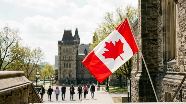 Canadian flag outside a Parliament-style building as visitors walk past amid IRCC work permit news