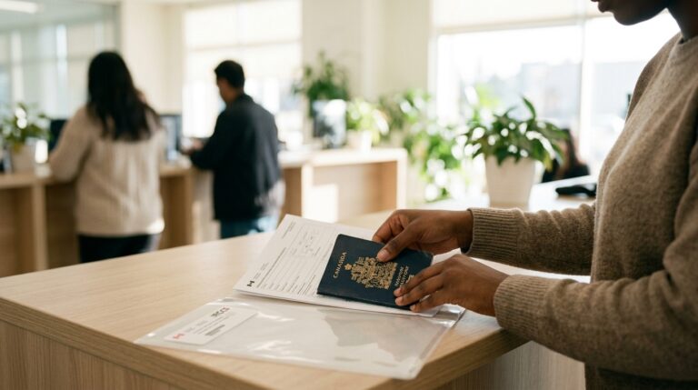 Applicant holds a Canadian passport and forms at an IRCC service counter while others wait in the background