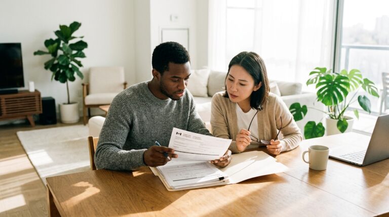Couple review Canadian citizenship forms at a dining table beside a laptop in a bright home living room