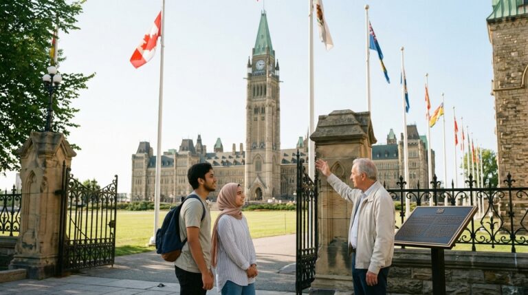 Two newcomers stand near Parliament Hill as a man gestures, with Canadian flags and IRCC news context