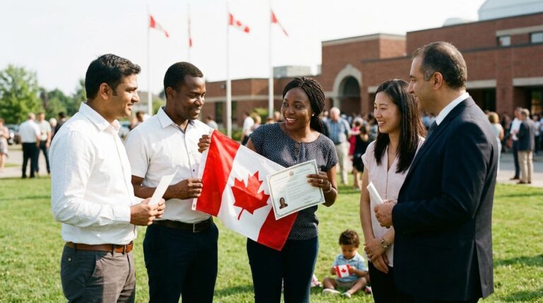 New Canadians hold a flag and certificate outside a civic building as LMIA news prompts immigration attention
