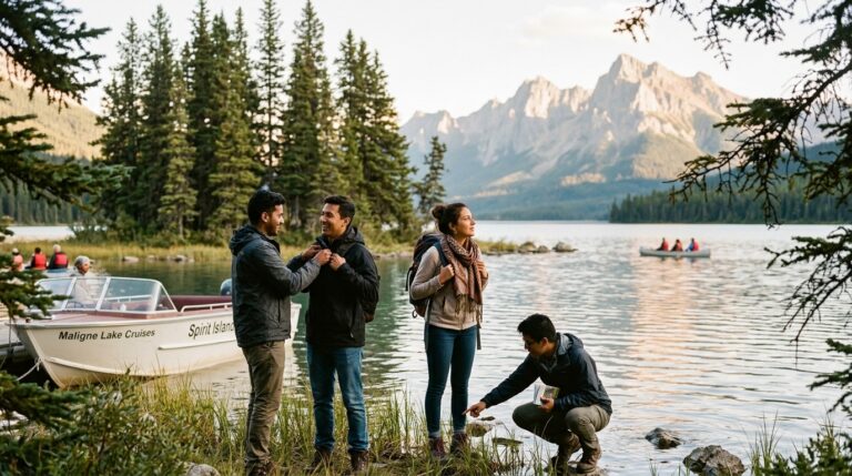 Four newcomers with backpacks stand by a mountain lake as Express Entry news illustrates immigration to Canada