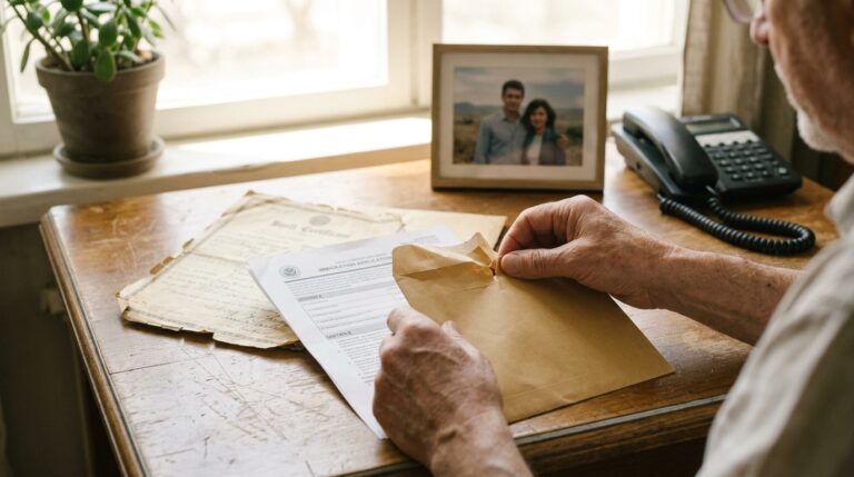 Person opens an envelope beside a birth certificate and IRCC application form on a desk at home