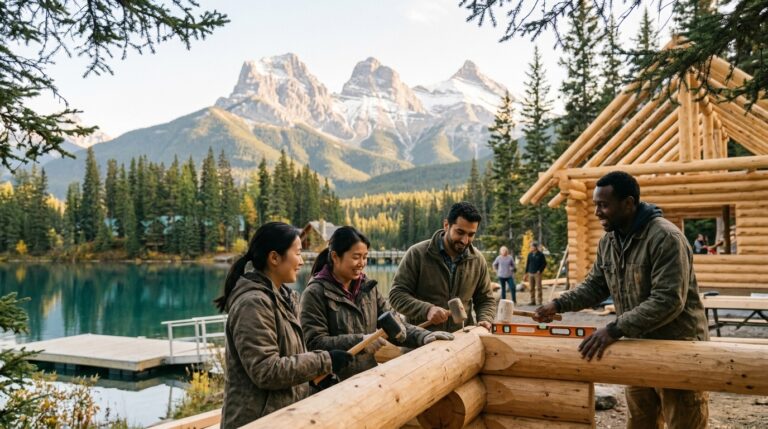 Workers build a log cabin by a mountain lake in Canada, illustrating Express Entry immigration news