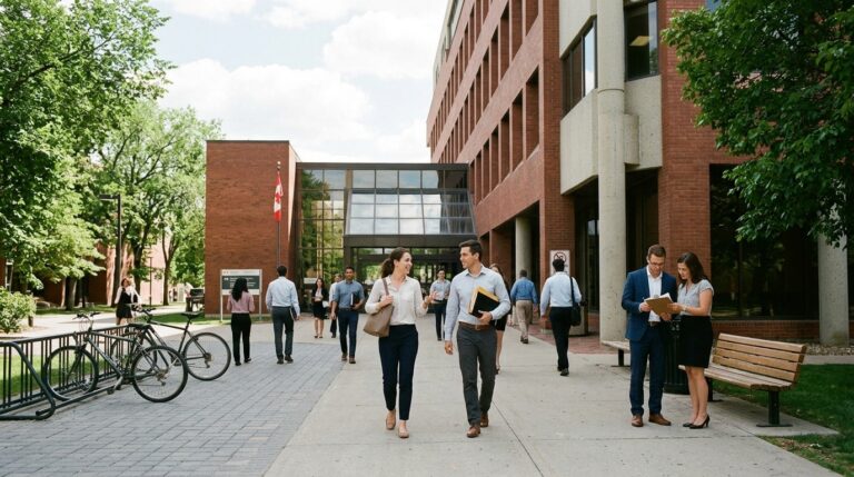 Students and staff walk across a Canadian university campus, a common destination for study permit applicants