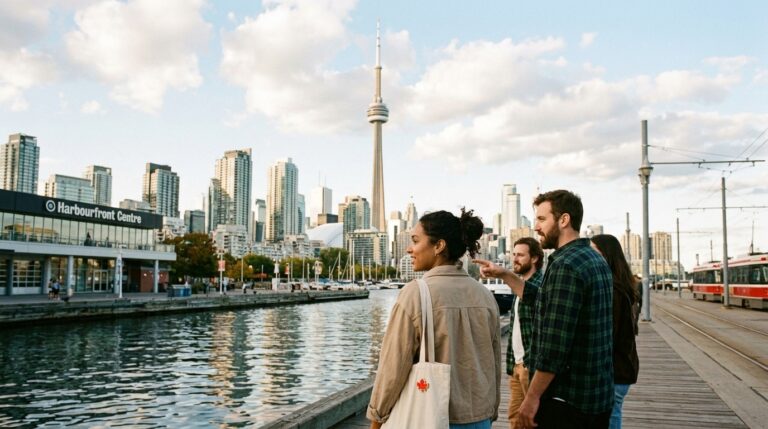 People stand by Toronto waterfront near Harbourfront Centre with CN Tower skyline during Ontario PNP news