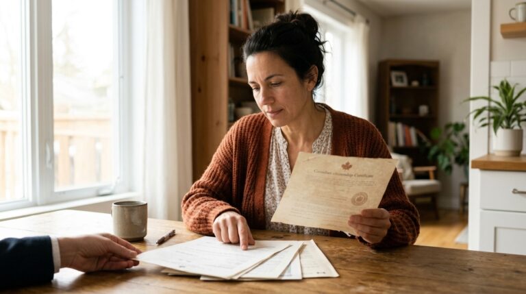 Woman reviews Canadian citizenship certificate and documents at home for citizenship application