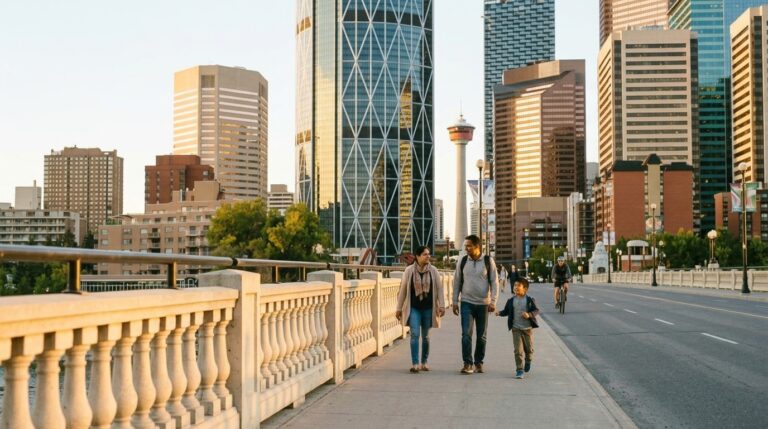 Family walks across a bridge in downtown Calgary, Alberta, in illustrative PNP news imagery