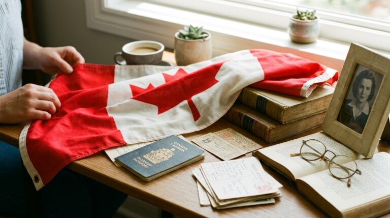 Canadian passport, flag and family keepsakes on a table, illustrating citizenship by descent in Canada
