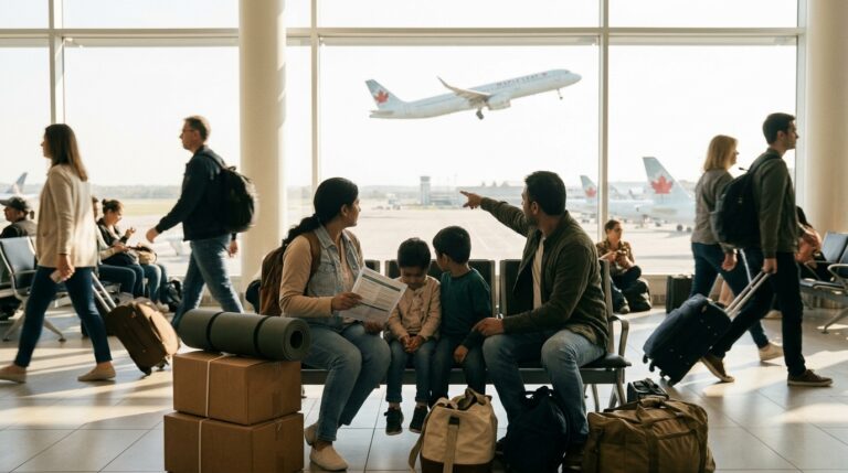 Travellers wait in a Canadian airport transit area as an Air Canada jet departs outside large windows