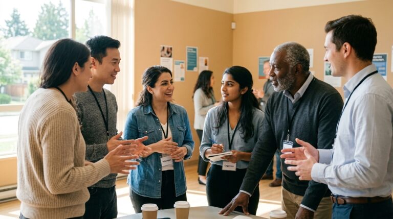 Young adults and an older man discuss work permit options at a community information session in Canada