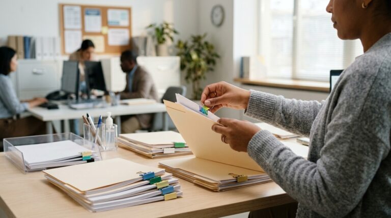 Worker sorts citizenship application files at an IRCC office desk while staff work in the background