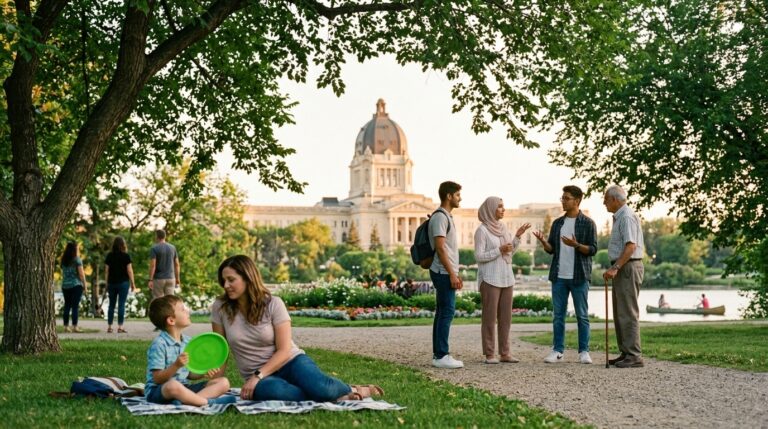 People gather in a park near the Saskatchewan legislature as families and newcomers talk beside the lake