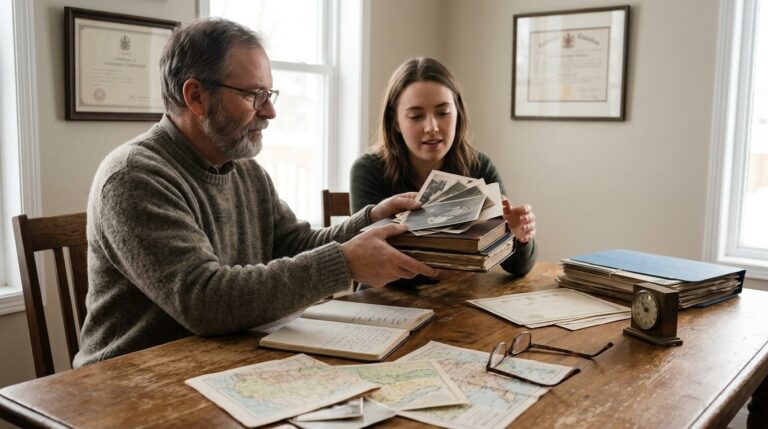 Man and young woman review family records and photos at a table during a Canadian citizenship case