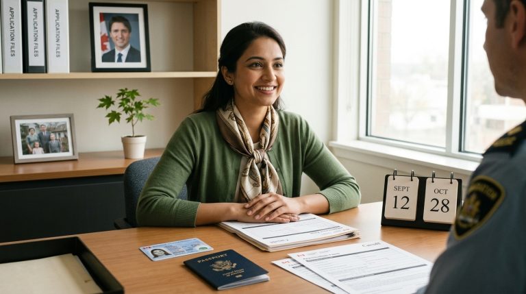 Applicant meets with an immigration official, with Canadian passport and citizenship forms on desk