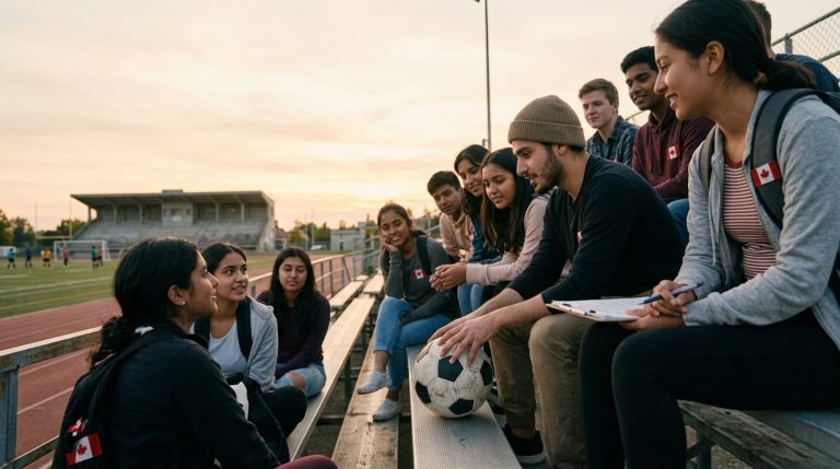 Young newcomers with Canadian flag badges sit on stadium bleachers during a citizenship discussion near a soccer field