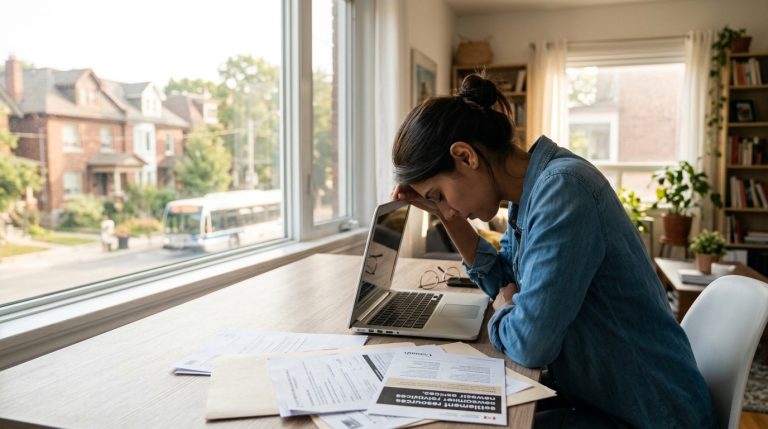 Applicant reviews police certificate papers beside a laptop at home for an Express Entry application