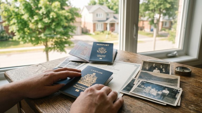 Hands hold a Canadian passport beside a U.S. passport, citizenship papers and family photos on a table