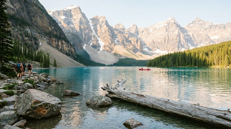 Hikers walk beside an Alberta lake as a canoe crosses the water in a Rocky Mountain PNP scene