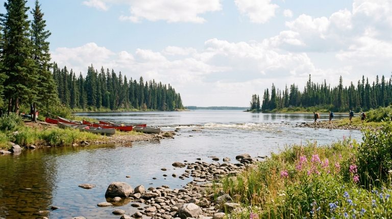 Canoes rest along a forest riverbank in Manitoba as hikers walk nearby, illustrating Manitoba PNP news