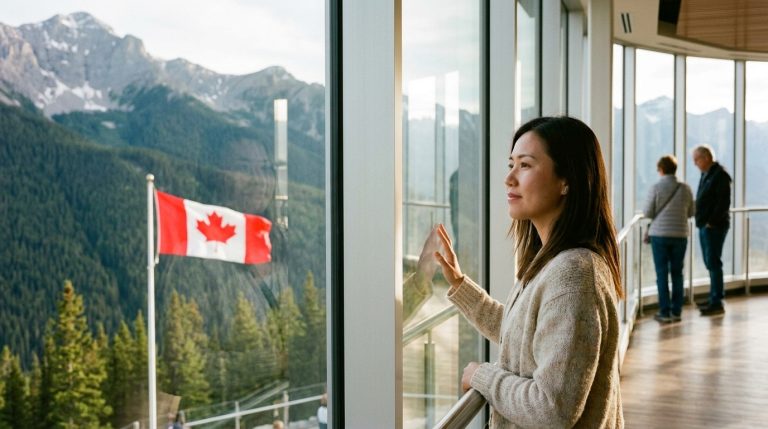 Woman looks out at a Canadian flag and mountain view from a balcony, illustrating citizenship news