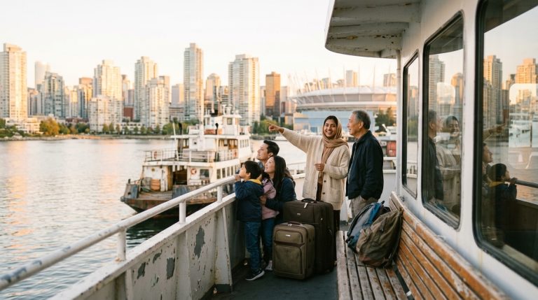 Family with luggage stands on a ferry as Vancouver skyline and BC Place frame a BC PNP news scene