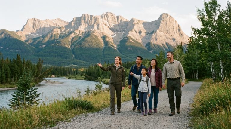 Family walks with two guides beside a river in the Rockies, illustrating Canadian immigration and PNP news