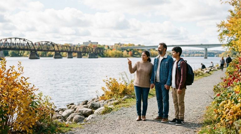 Family of newcomers stands by a New Brunswick riverfront trail near bridges during a PNP news illustration