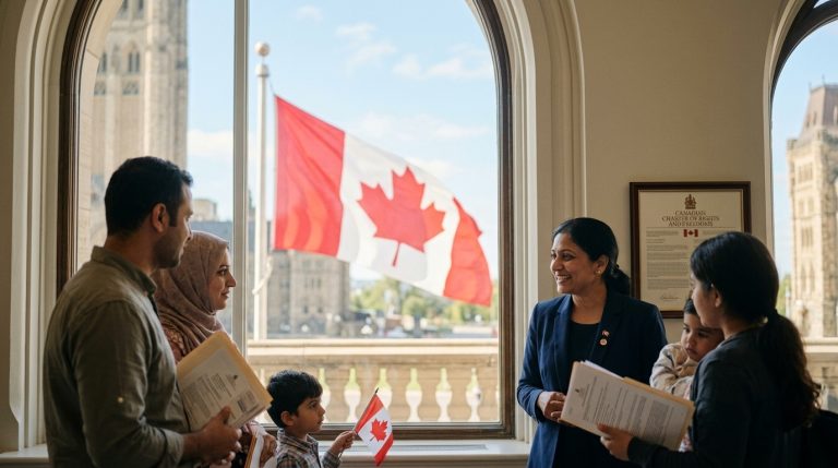 Families holding documents meet indoors beside a Canadian flag, illustrating permanent resident processing