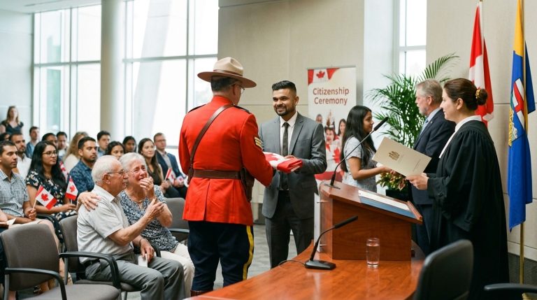 New citizen receives a flag at a Canadian citizenship ceremony as officials present a certificate