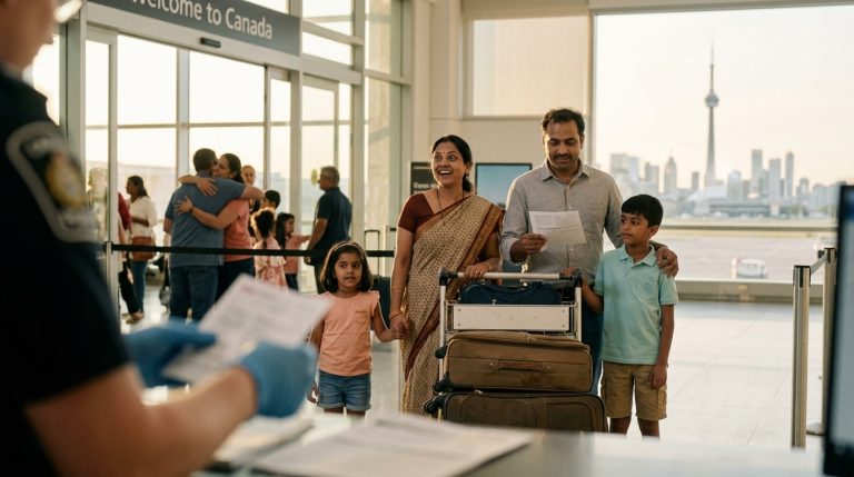 Family with luggage and documents at a Canadian airport arrivals area during IRCC processing