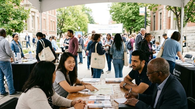 Newcomers speak with advisers at a community information fair as Express Entry interest remains high
