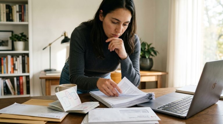Woman reviews citizenship documents and passport at home beside a laptop and IRCC paperwork