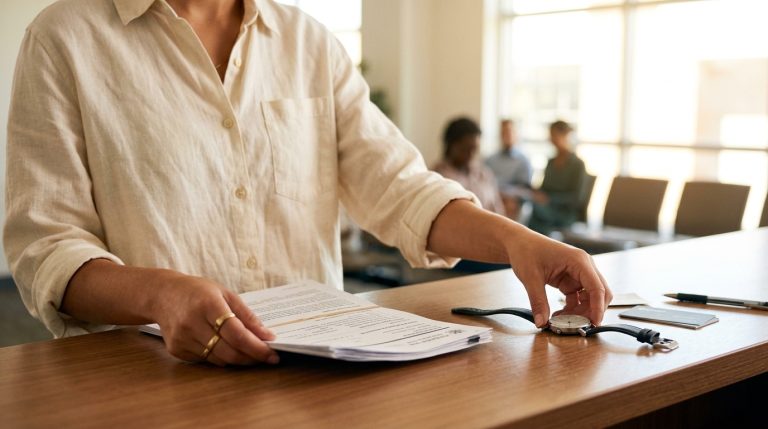 Person holds IRCC paperwork at a service counter while applicants wait in the background