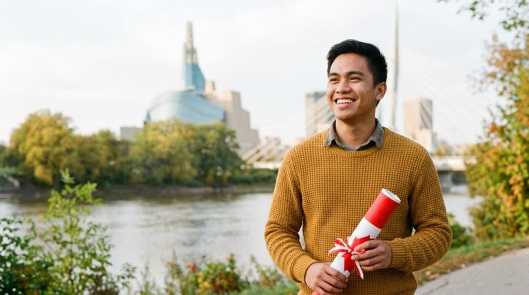 Man holding a rolled work permit document by Winnipeg riverfront with city skyline in background