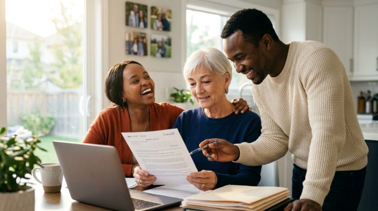 Three people review IRCC paperwork at a kitchen table with a laptop and folders