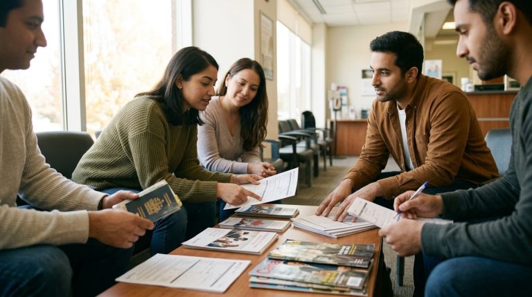 Applicants review citizenship documents and a passport in a Canadian immigration waiting room