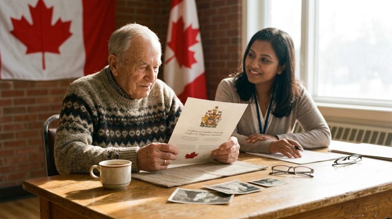 Older man reviews Canadian citizenship certificate with an advisor at a table beside Canadian flags