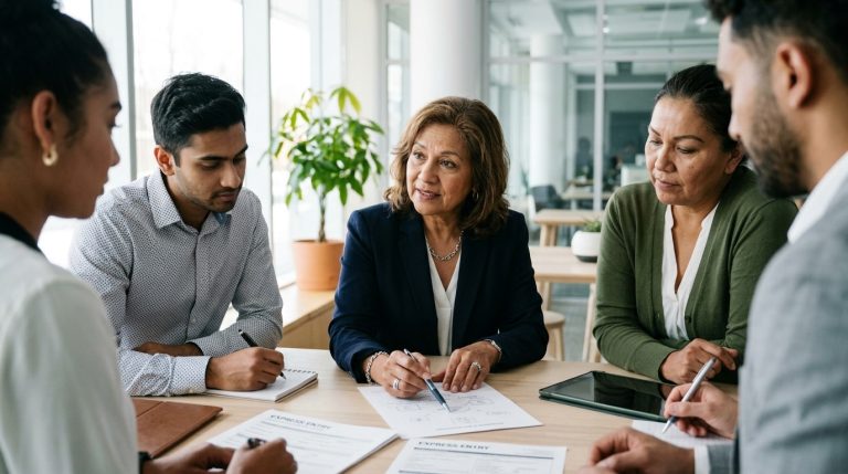Immigration consultant meets applicants at a table with LMIA paperwork in a bright office